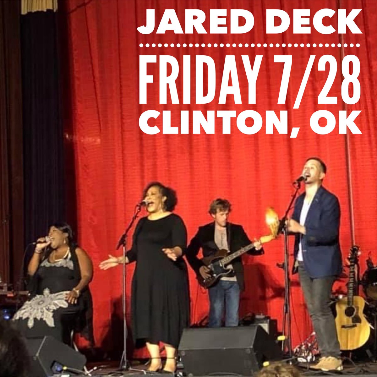 jareddeckmusic's tweet photo. Bringing the band to Custer County! All ages, free to the public, in Clinton, OK. Oklahoma Opry opens the show at 7pm. Jared and the band start at 8pm. Gonna be groovy!
Event: https://t.co/pTifz0fRil
#clintonok #oklahomamusic #oklahomamusicscene #okcmusic #wford https://t.co/3RK75SXyxc