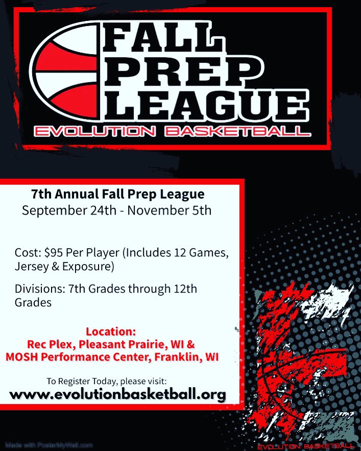 Evolution Basketball (@evo_hoops) on Twitter photo Our 7th Annual Fall Prep League will kick off Sunday, September 24, 2023.
High School: Varsity | JV | Boys & Girls Teams
Middle School: Boys & Girls Teams 
Register Today at evolutionbasketball.org Our 7th Annual Fall Prep League will kick off Sunday, September 24, 2023.
High School: Varsity | JV | Boys & Girls Teams
Middle School: Boys & Girls Teams 
Register Today at evolutionbasketball.org