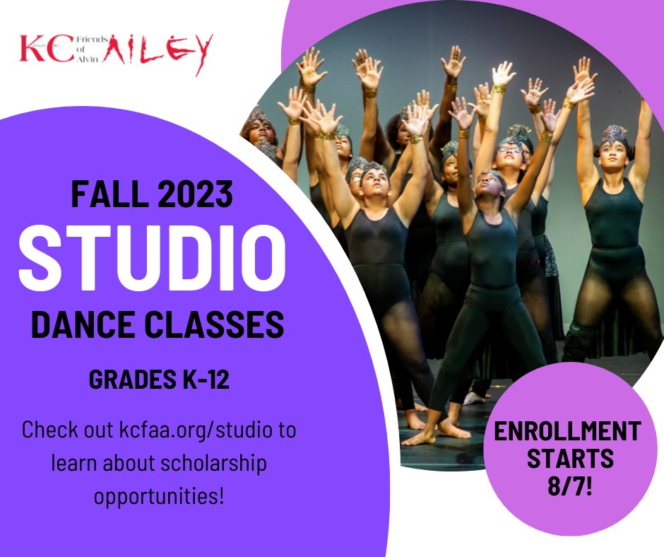 KCFAA's tweet image. Mark your calendars! Studio enrollment starts August 7, 2023. We offer classes for K-12 and scholarship opportunities are available. Visit kcfaa.org/studio for more information. #kcfaa #danceclasses #studio