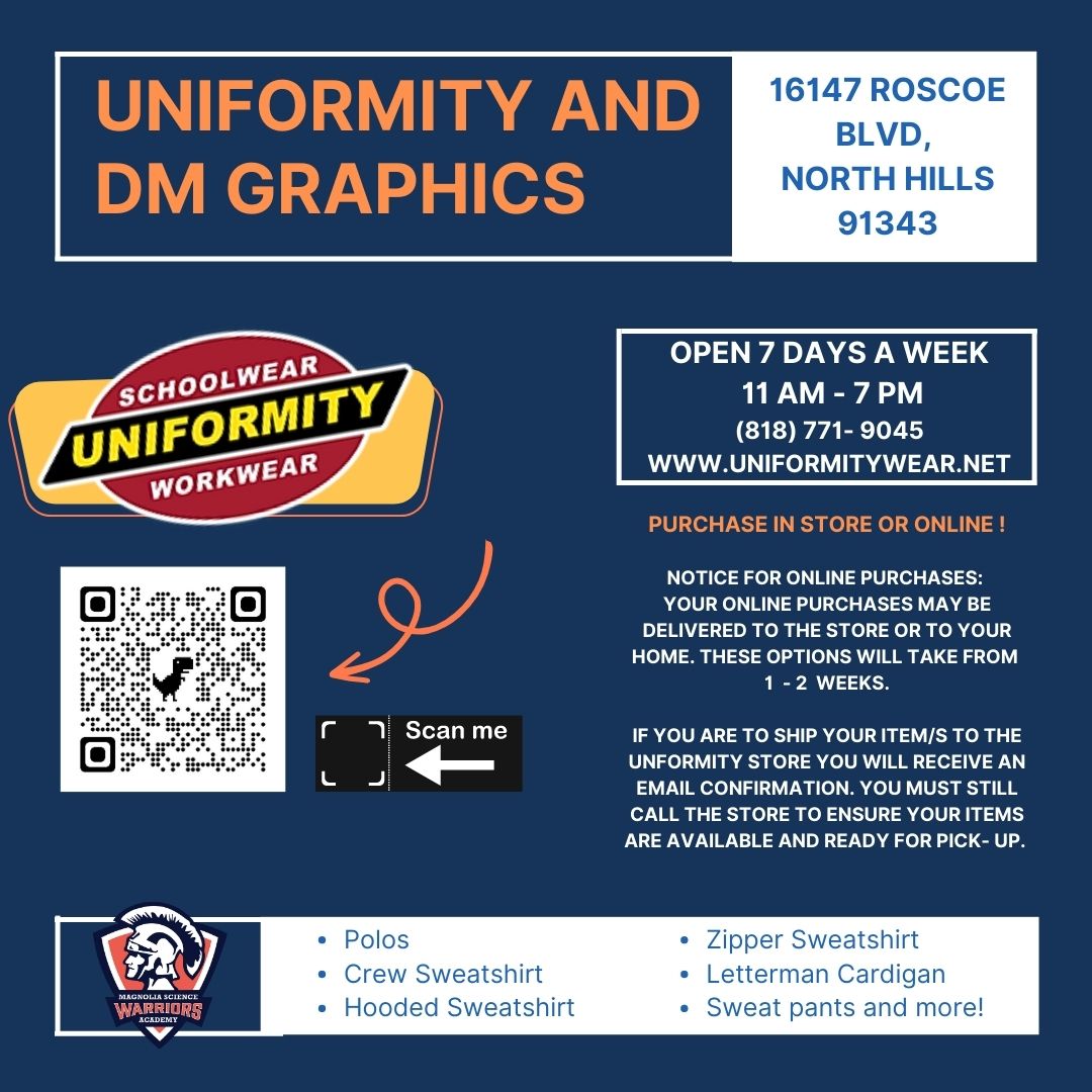 msa1reseda's tweet photo. Hello Warriors!

Uniformity and DM Graphics are open from 11:00 AM - 7:00 PM everyday for all your uniform needs.

Note: You may order your uniform items online and call in to the store after you receive your confirmation email.

View flyer for more details! https://t.co/mAWlalHGjf