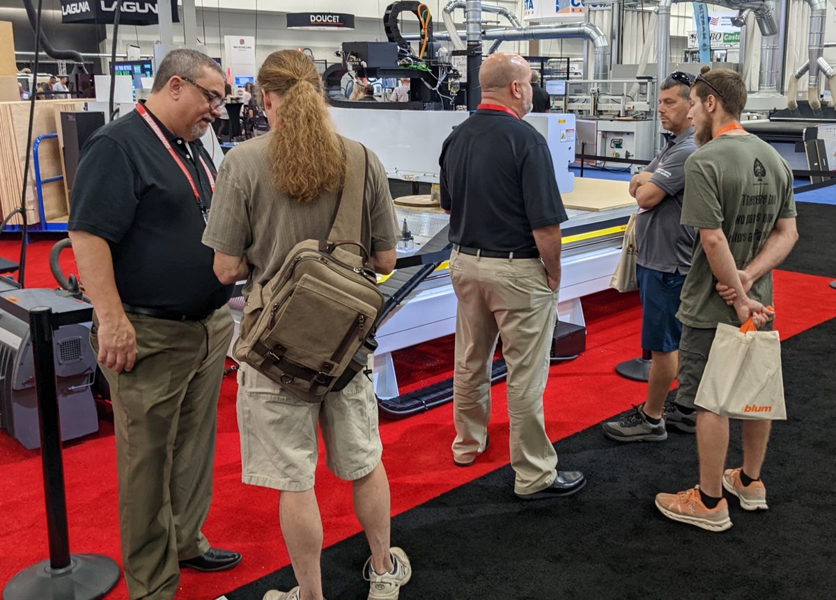 thermwood's tweet photo. Day 1 of @AWFS Fair 2023 is under way! Come see us machining LIVE in booth #1723.
We are demonstrating the AI-powered #CutCenter and our heavy-duty Model 45 5'x10'.
#cncrouter #cabinets #furniture #noprogramming #easycnc #nestedbased https://t.co/1CK5HyW9JN