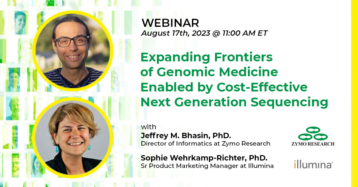 Zymo Research (@zymoresearch) on Twitter photo Join our Director of Bioinformatics, Jeffrey Bhasin, PhD, and <a href="/illumina/">Illumina</a>'s Sr. Product Marketing Manager, Sophie Wehrkamp-Richter, PhD, on 8/17, as they discuss the challenges and opportunities for WGBS in an era of cost-effective #sequencing. Register Now: fiercebiotech.com/premium/webina… Join our Director of Bioinformatics, Jeffrey Bhasin, PhD, and <a href="/illumina/">Illumina</a>'s Sr. Product Marketing Manager, Sophie Wehrkamp-Richter, PhD, on 8/17, as they discuss the challenges and opportunities for WGBS in an era of cost-effective #sequencing. Register Now: fiercebiotech.com/premium/webina…
