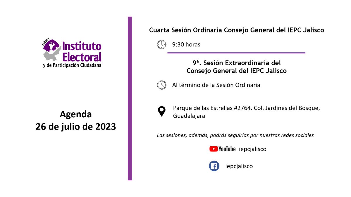 iepcjalisco's tweet photo. 📌 ¡Te esperamos!
Puedes seguir las sesiones del Consejo General del #IEPCJalisco a través de nuestras redes sociales 
🕘9:30 horas 
🗓️26 de julio de 2023
📺YouTube y Facebook: @iepcjalisco
Con el #IEPCJalisco, #TuVozEsElPoder https://t.co/yocPC8gdhu