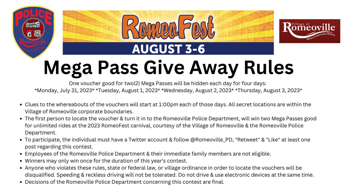 Romeoville_PD's tweet photo. Like &amp; Retweet for a chance to win Mega Passes to #RomeoFest See details below. Contest starts Monday, July 31st. https://t.co/BD6aIHRJ7R