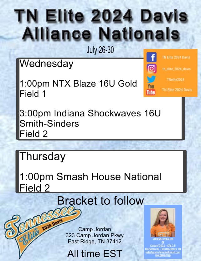 So excited for our last tournament in Chattanooga, TN. Let’s end this season with a bang! <a href="/TNelite2024/">TN Elite 2024 Davis</a> <a href="/Kazdynn/">Kazdyn Waldron</a> <a href="/MotlowSoftball/">MotlowSoftball</a> <a href="/JaniceMorey3/">Janice Morey</a> <a href="/BaileyDillender/">Bailey Dillender</a> <a href="/CUPhoenixSB/">Cumberland Softball</a> <a href="/betyree/">Ben Tyree</a> <a href="/BC__Softball/">Bethel College Softball</a>