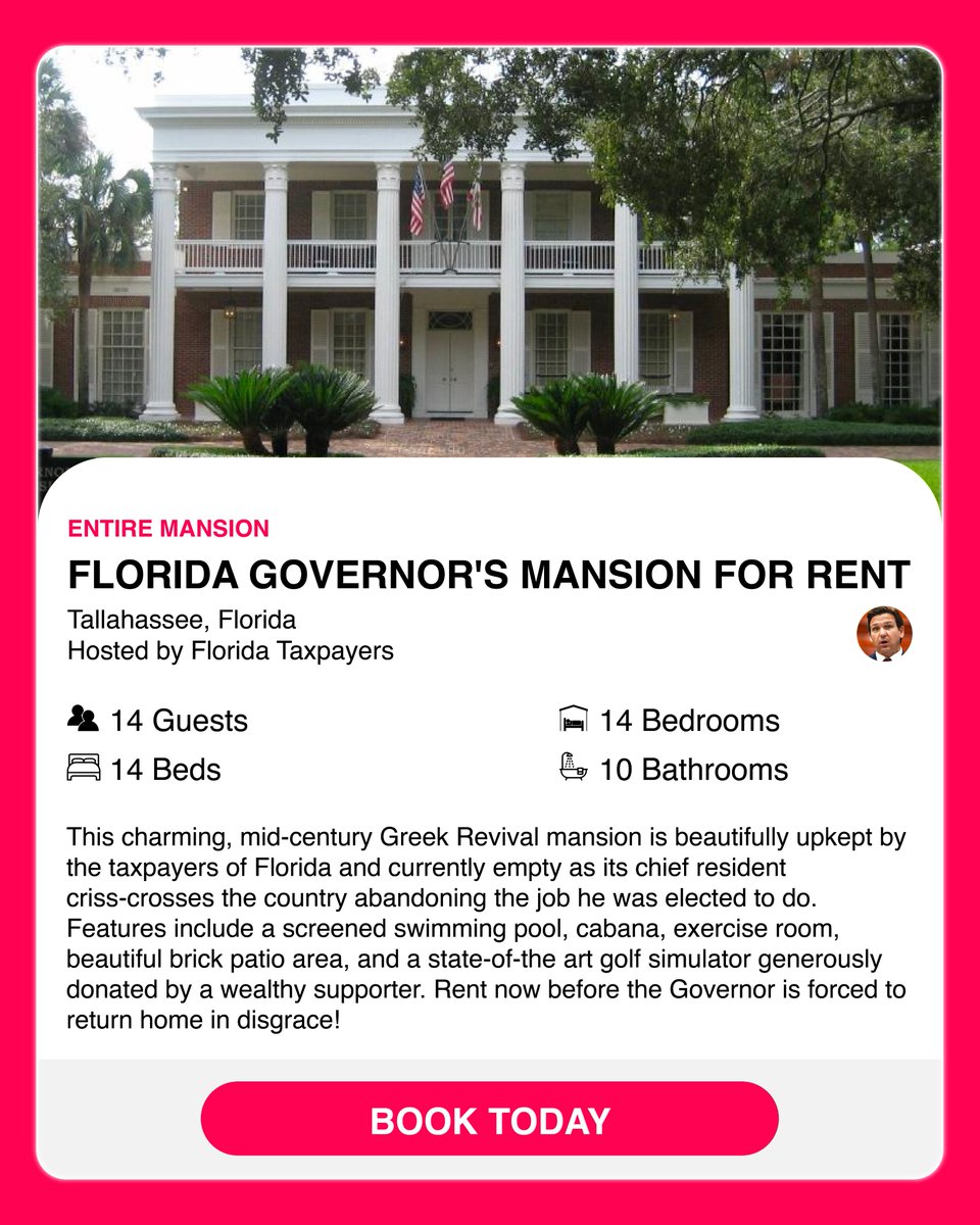 DeSantisWatch_'s tweet photo. Your Dream Getaway Awaits! Escape to this Mid-Century Greek Revival Mansion in sunny Tallahassee, FL!

Book now and make memories that last a lifetime before the current occupant returns home in disgrace! #AbsenteeGovernor https://t.co/POd37uxw4r