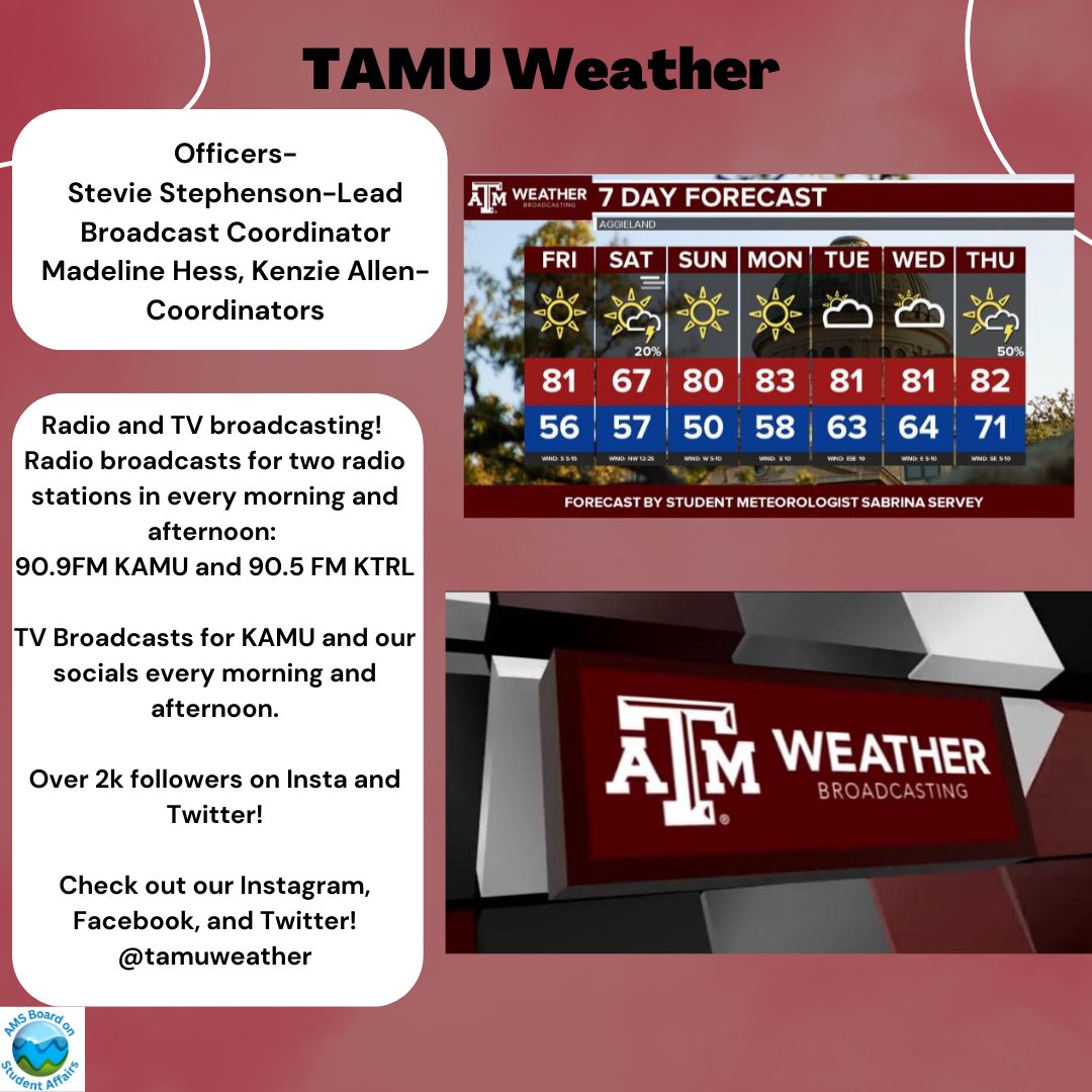 AMSBoSA's tweet photo. Happy Tuesday! Today, we are highlighting the Texas A&amp;M Student chapter! Let’s see all the events they do, and their two other orgs as well! Make sure to follow them and their orgs here and on Twitter, and reach out to them with questions! https://t.co/Y3VKaYYYNa