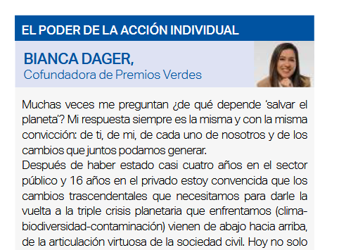 Corresponsables's tweet photo. “Tenemos la #responsabilidad de utilizar correctamente el poder enorme que no hemos sabido capitalizar”. Tribuna de @biancadager, Cofundadora de @premiosverdes, en el #AnuarioCorresponsables2023 👉 https://t.co/DxffisPmgb https://t.co/lBhvtb3mzq