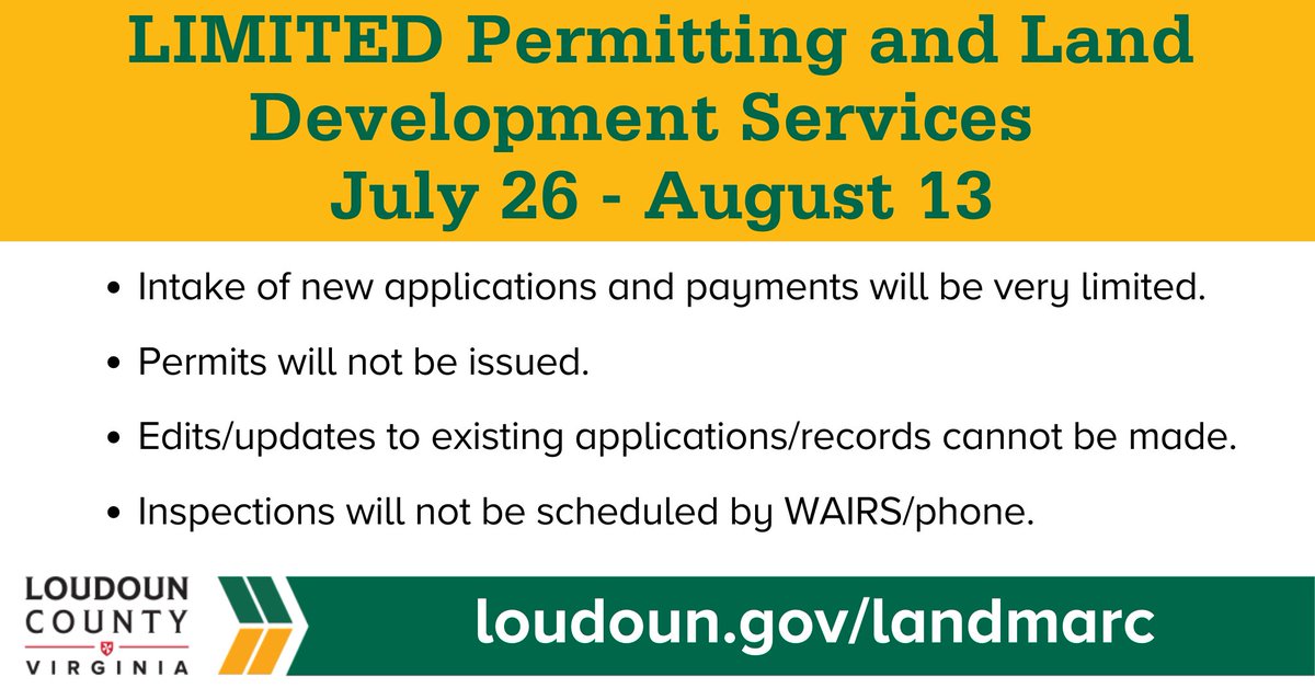 In preparation for the launch of #Loudoun County’s new online land management system, LandMARC, some services for permitting and land development customers will not be available. Impacts to services begin July 26 and continue through the launch of the new system on August 14.