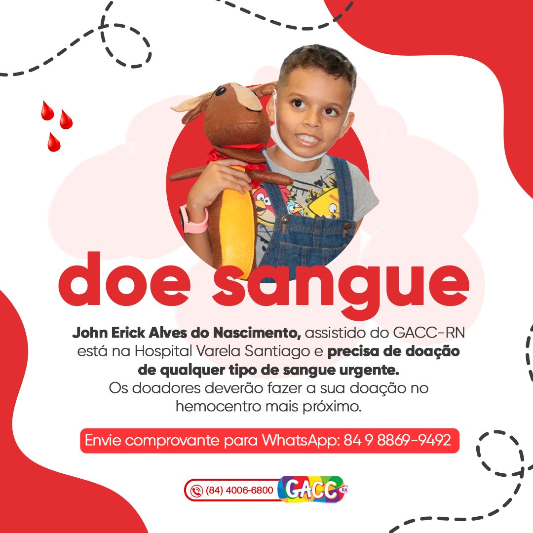 gaccrn's tweet photo. John Erick Alves do Nascimento, assistido do GACC-RN está na Hospital Varela Santiago e precisa de doação de qualquer tipo de sangue urgente.
Ao fazer sua doação no hemocentro envie o comprovante para o whatsapp 84988699492
⠀
#gaccrn #doacaodesangue #sangue #doacao #natalrn https://t.co/ltN19JHDeh