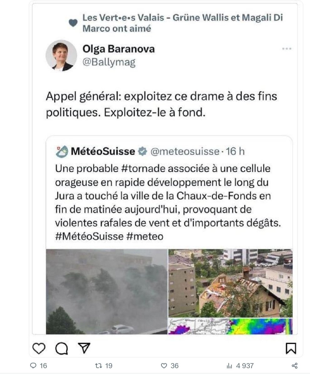 RodolpheMoselle's tweet photo. Manifestement l’#escologie n'a pas frontière puisque en #Suisse cette membre du #PS #Baranova appelle ses ouailles à se servir du drame de #LaChauxDeFonds
Et en bonne socialiste qui s'assume à supprimer !
Certainement une copine à @sandrousseau ! https://t.co/shAIR0alBI