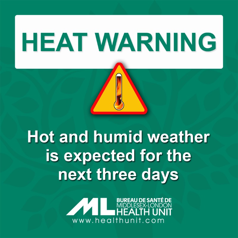 MLHealthUnit's tweet photo. Stay cool and keep hydrated! A forecast calling for three consecutive days of hot and hazy summer weather has led forecasters at Environment Canada to issue a Heat Warning for #Middlesex-#LdnOnt. /1