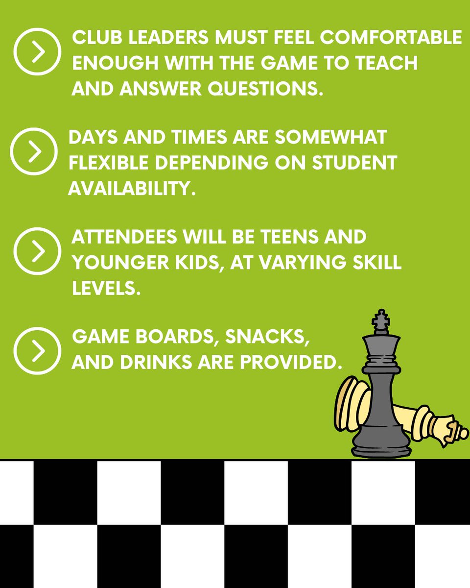 👉 Join the Pomona Public Library Chess Club as a Teen Leader! 

We're looking for 3 teens who are passionate about chess to help lead our Chess Club. 

Interested in taking the lead? Reach out to Ms. Crystal at the Pomona Public Library. 📞 Call now: (909) 620-2043