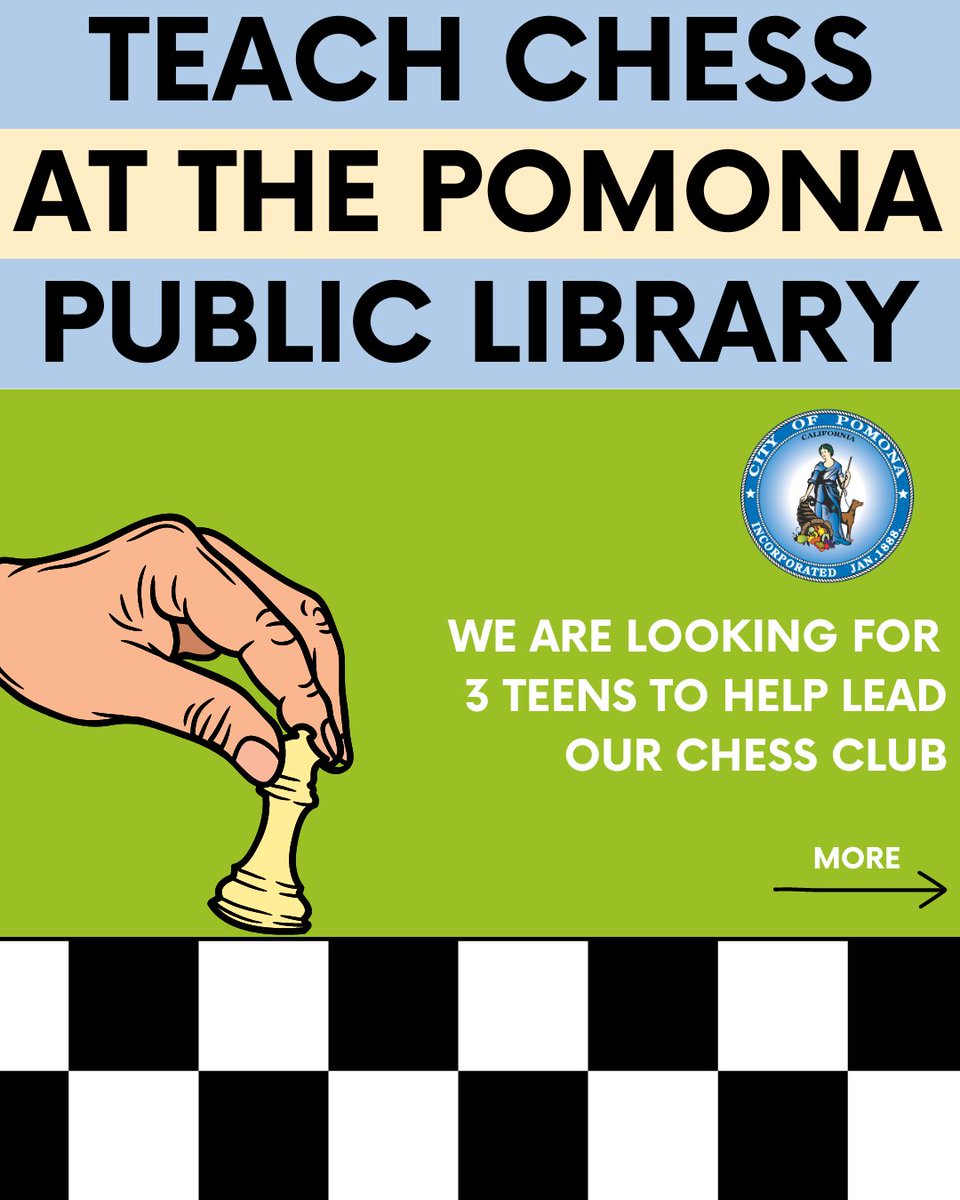 CityofPomona's tweet photo. 👉 Join the Pomona Public Library Chess Club as a Teen Leader! 

We're looking for 3 teens who are passionate about chess to help lead our Chess Club. 

Interested in taking the lead? Reach out to Ms. Crystal at the Pomona Public Library. 📞 Call now: (909) 620-2043 https://t.co/fc3pRDrhEn