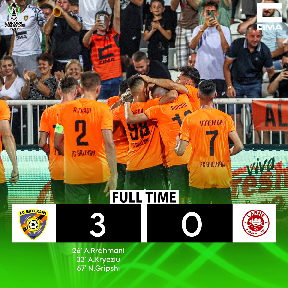 fcballkani's tweet photo. #FITOREEE 🧡
E mbyllim ndeshjen e parë ndaj FC Larne me fitoreee 3:0.
Ashtu siç premtuan, futbollistët tanë dhanë gjithçka nga vetja, për ta përfunduar ndeshjen në "Fadil Vokrri" me rezultat pozitiv.
Na priftë e mbara në përballjen e radhës 🧡🖤
#FCBallkani
#ForcaBallkani https://t.co/WxSM1Wm0Bt