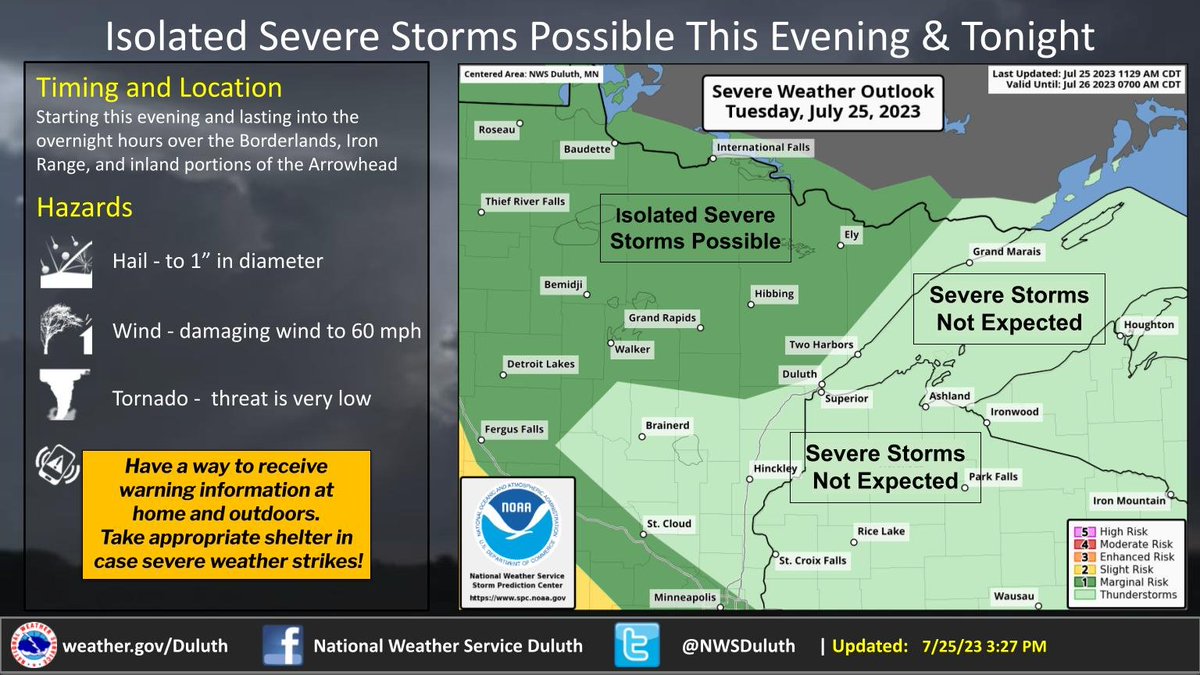 Storms moving through the area this evening and overnight could produce large hail and damaging winds. Areas most likely to see severe weather will be in portions of northeast Minnesota north of Highway 2 and inland from Lake Superior. #mnwx #wiwx https://t.co/DmokcpXrcP