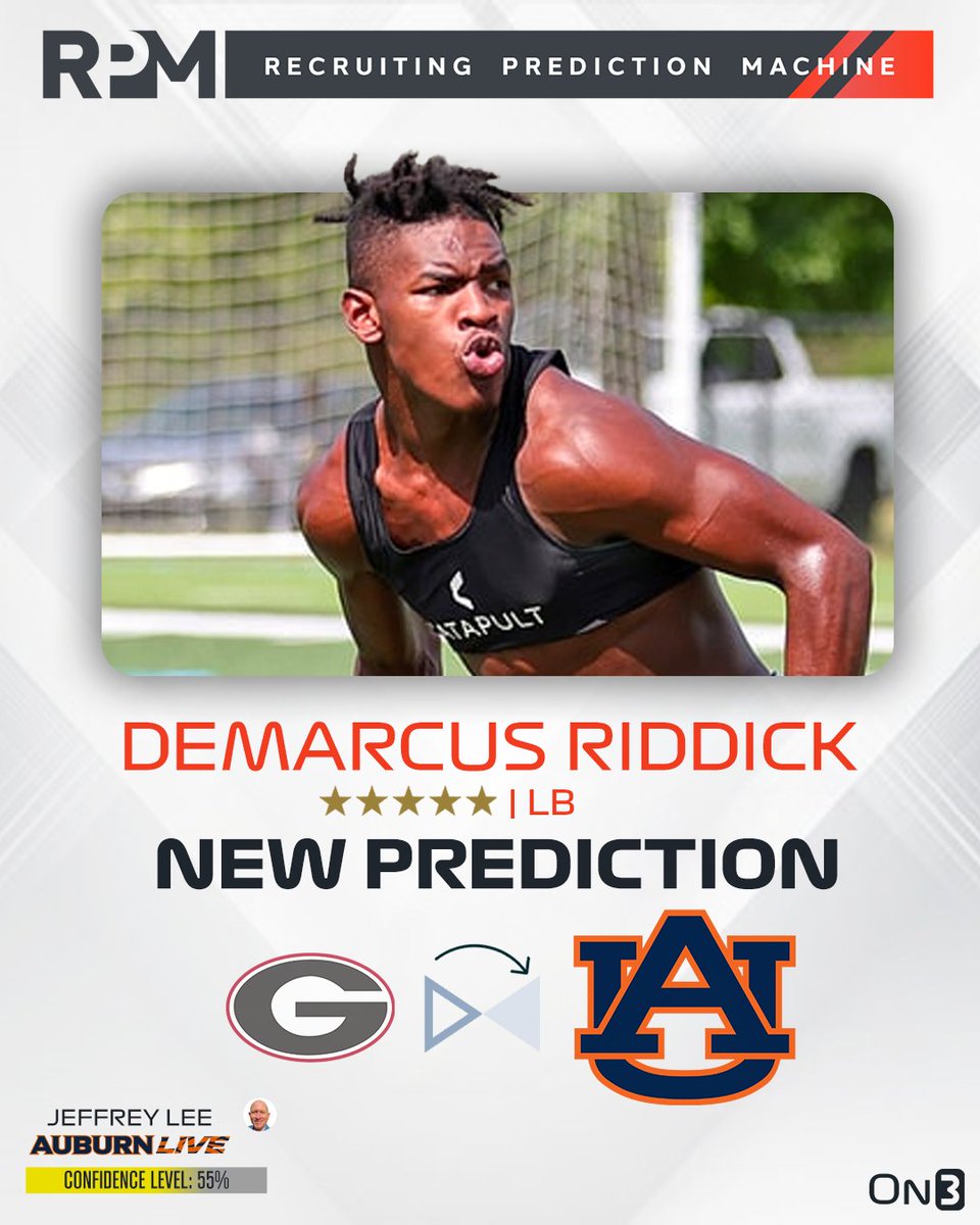 Rivals's tweet photo. Auburn recruiting insider Jeffrey Lee has logged an expert prediction for the Tigers to flip 5-star LB Demarcus Riddick away from Georgia‼️

Riddick is set to announce his final decision between Alabama, Auburn and Georgia on Wednesday👀

Intel (On3+): https://t.co/R64At90Ez7 https://t.co/E0uaQy5qEq