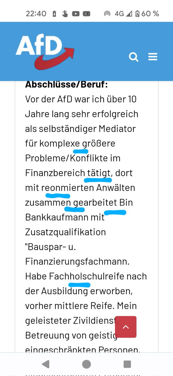 Ein Auszug aus dem Steckbrief eines #noAfD Kandidaten, der zur Europa Wahl antreten möchte.
Wer die übrigen Fehler suchen möchte: 
afd.de/bewerber-ewv-2…
Achtung Triggerwarnung, unter dem gezeigten Absatz wird's gewohnt widerlich.🤮
#AfDmachtDumm 
#AfDVerbotSofort
#wirsindmehr