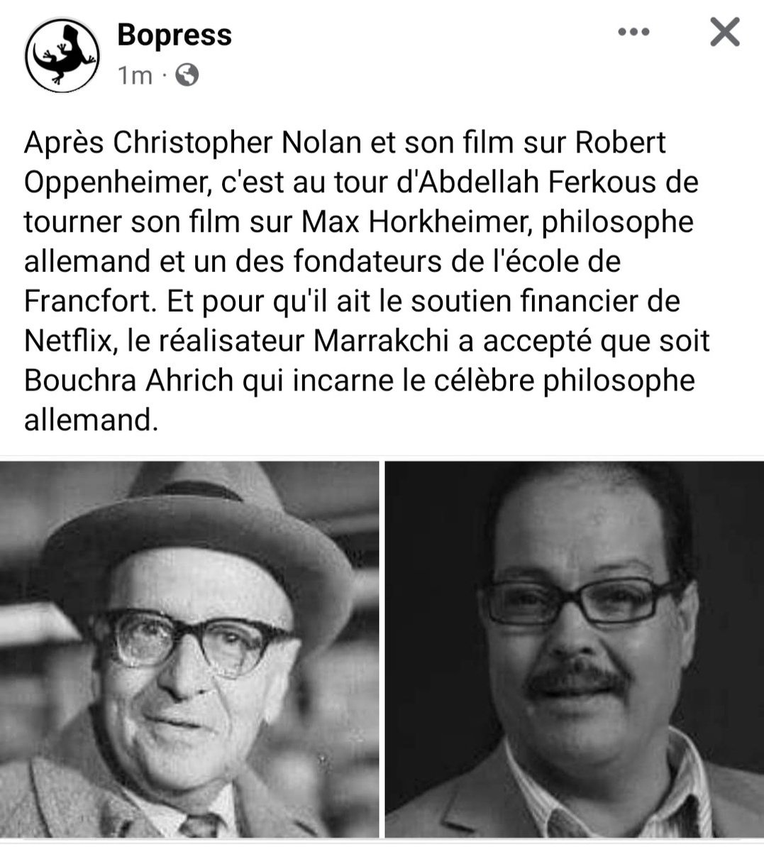 Boobriss's tweet photo. Après Christopher Nolan et son film sur Robert Oppenheimer, c'est au tour d'Abdellah Ferkous de tourner son film sur Max Horkheimer, philosophe allemand et un des fondateurs de l'école de Francfort. Et pour qu'il ait le soutien financier de Netflix, le réalisateur Marrakchi a ... https://t.co/tWZvzx96vY