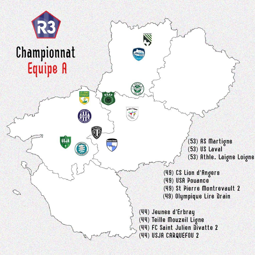 💥𝗥𝟯

La <a href="/LigueFootLFPL/">Ligue de F⭐ ⭐tball des Pays de la Loire</a>  a publiée aujourd'hui la composition des groupes de régional 3 pour la saison 2023-2024.

Nos rouges et noirs devront bien attachés leurs ceintures aux vues des nombreux kilomètres de déplacements qui les attendent dans le 44, le 49 et le 53.✈️