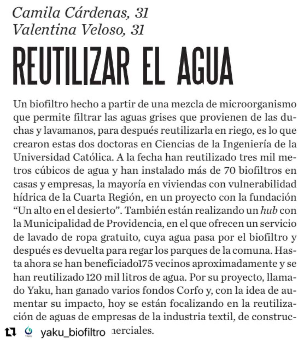 Felicitamos a Yaku Biofiltro, uno de los proyectos de nuestro portafolio, por ser elegidas entre los "100 JÓVENES LÍDERES 2023", reconocimiento otorgado por @ElMercurio_cl 🟠👏 Orgullosos de aportar al desarrollo sustentable 💪🟠