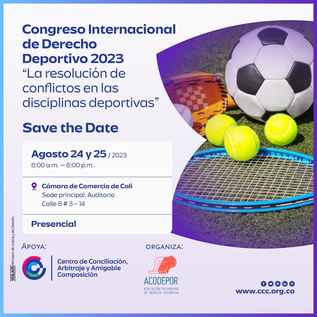 FelipeGarcia26's tweet photo. Te invitamos al Congreso Internacional de Derecho Deportivo 2023 ¡Agéndate! @camaracali @ACODEPOR_ https://t.co/4BKSmsCXEG