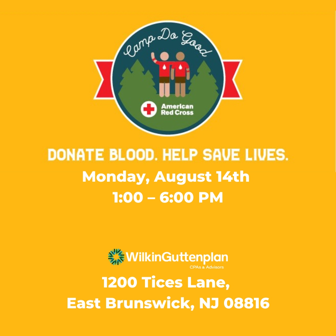 Join us as we partner with American Red Cross to host a blood drive Monday, August 14 from 1:00– 6:00 pm at WilkinGuttenplan,1200 Tices Lane, East Brunswick, NJ 08816.Please call 1-800-RED-CROSS or vist hubs.li/Q01YTJhR0 and enter WilkinandGuttenplan to make an appointment.