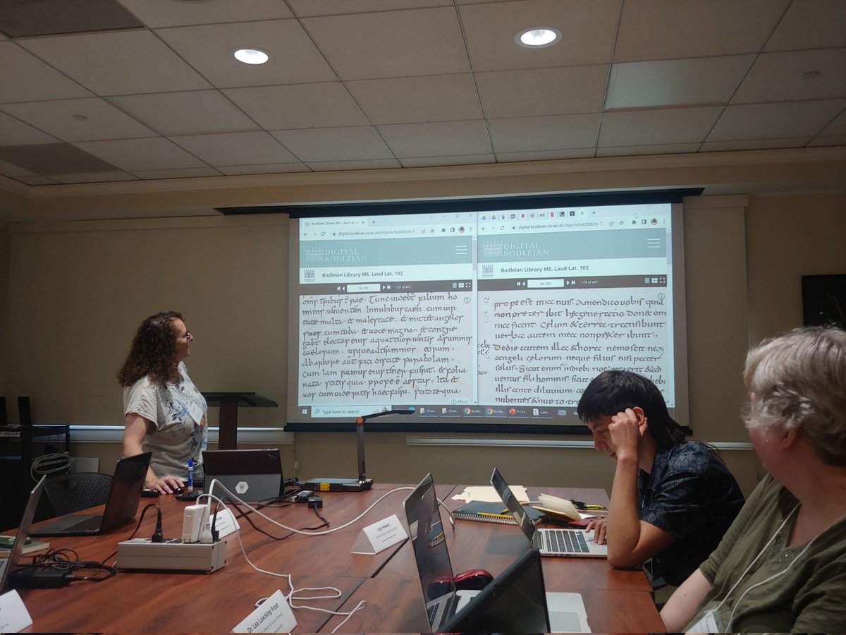 JECumby's tweet photo. Class today has ended with @lisafdavis leading a 12 angry men-style debate about whether Bod MS. Laud Lat. 102 was written by a multigraphic scribe or two different scribes between fol 59r&amp;v. Medievalists know how to have fun! https://t.co/wqBHZKrCbl