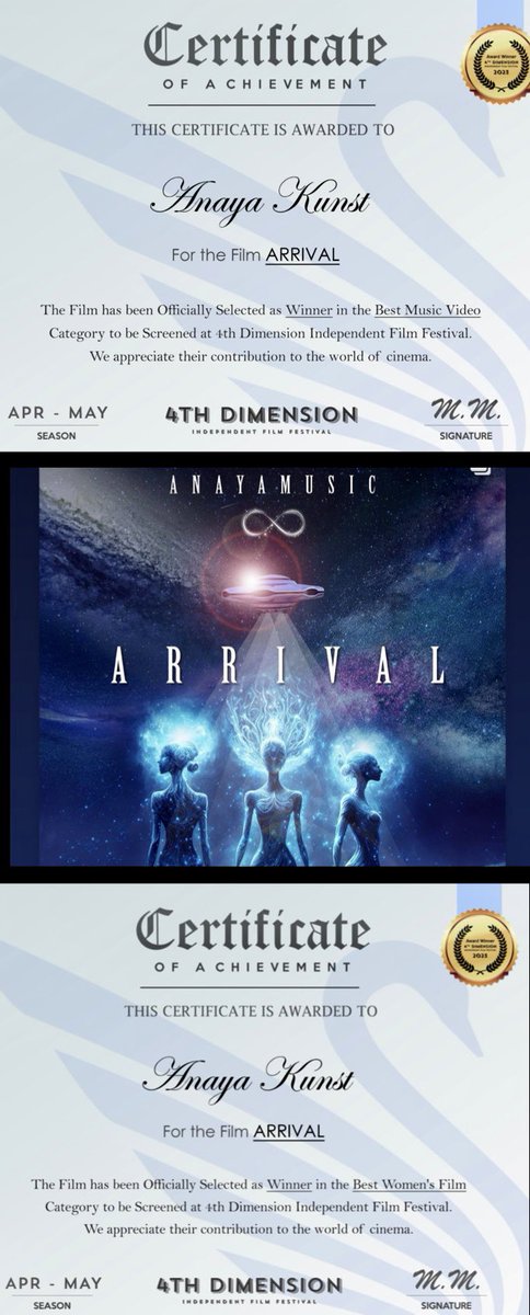 Very grateful and honored ARRIVAL is an Award Winner of best music video and best women’s film at <a href="/4D_FilmFest/">4th Dimension Independent Film Festival</a> - Watch: youtu.be/yHAKmA5zq-w <a href="/suzannedoucet/">Suzanne Doucet</a> <a href="/clouzine/">CLOUZINE™ Independent Online Music Publications</a>