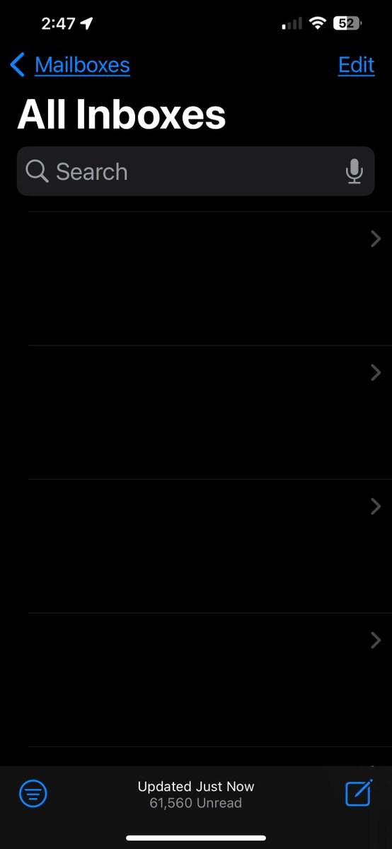 McFarky's tweet photo. @9to5mac @ChanceHMiller iOS 17 developer beta 4 - The Mail app is blank with flashing < on the right side - the the data like mail unread is right but nothing in the mail fields - I submitted feedback to Apple https://t.co/nA4lEAiPcM