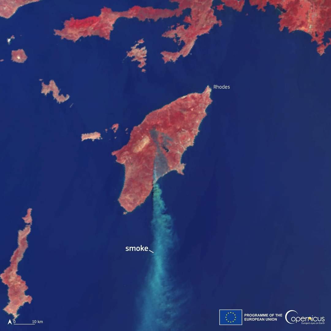 Son Uydu Görüntüsü #Sentinel3 #Copernicus 
AB verilerine göre Rodos’ta 133,120 hektar alan kül oldu. 😔