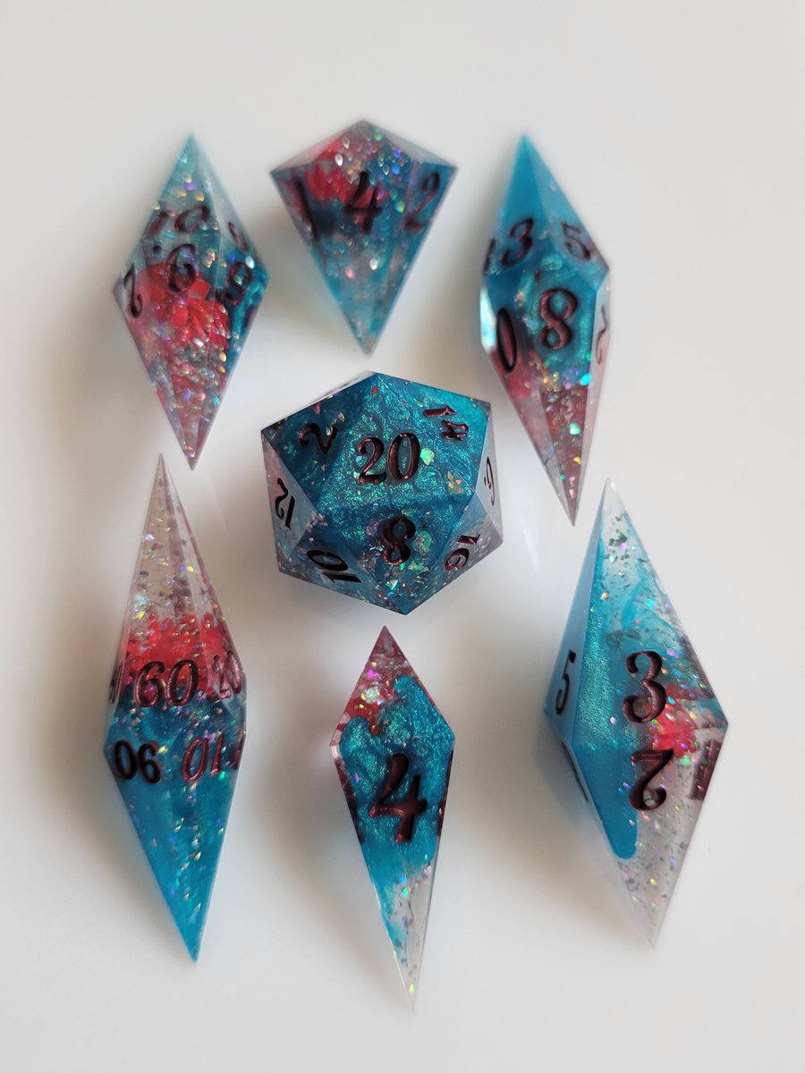 Aqua Bloom - Elongated set with red flowers wrapped in a aqua wave! #handmadedice #dice #ttrpg #dnd