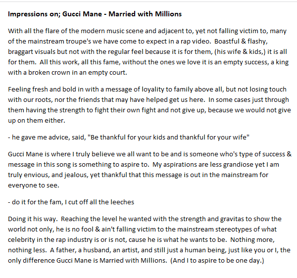 Bae_Be_Niche's tweet photo. Impressions on; Gucci Mane - Married with Millions
#GucciMane #MarriedwithMillions #empowerment #empowermentsongs #goodmusic #hiphop #music #summermusic #empowermentanthem #truths #kingsofhiphop #HipHopMusic #Gucci #rapmusic #rap #goals #lifegoals @gucci1017 https://t.co/wY0QU9cKwH