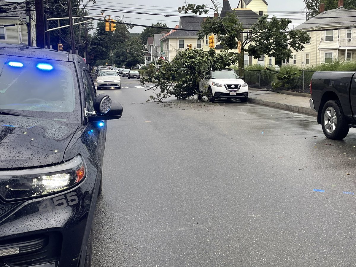 tuckerweather's tweet photo. We’re here in Waltham, MA where a severe thunderstorm moved through, doing damage to the area. 

Wind was strong enough to take down tree branch multiple feet in diameter on the common. @Boston25 https://t.co/CYGGANSVH5