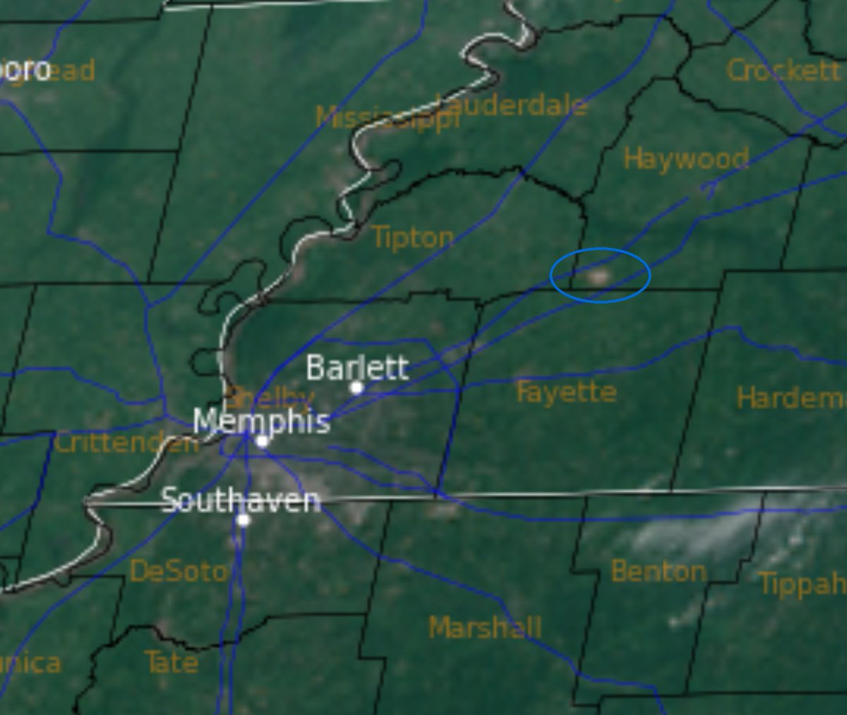 Thought this was pretty neat.  On this clear day you can see the ongoing progress at <a href="/blueovalcity/">Ford at BlueOval City</a> / #BlueOval_TN from the GOES satellite (~22K miles away) !  I've circled it in a "blue oval" 😉