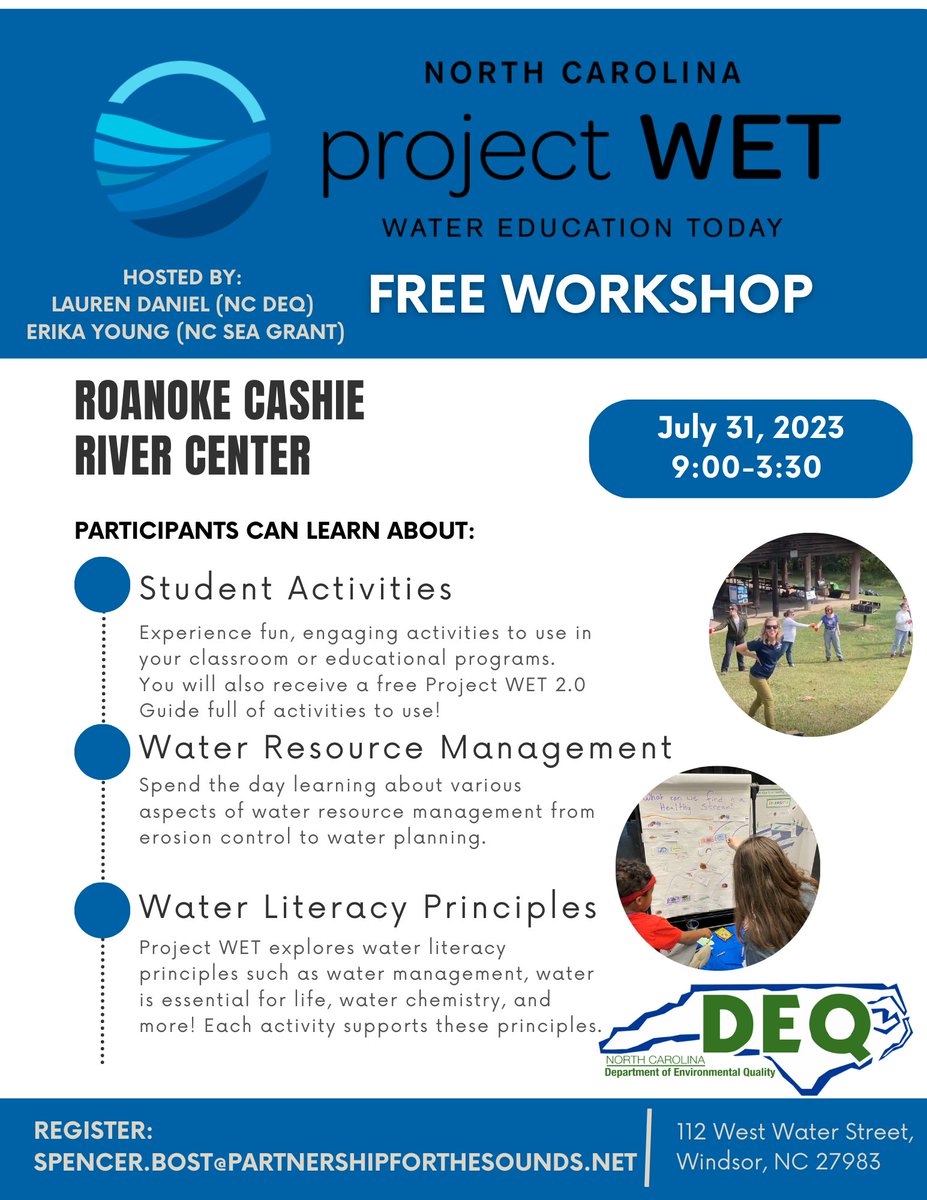 REGISTER TODAY for the free #WaterEducation Today (WET) workshop in #WindsorNC at the #Roanoke #CashieRiver Center next Monday, July 31 hosted by @NCDEQ & @SeaGrantNC #PartnershipOfTheSounds #NCSeagrant #NCteachers #STEM
