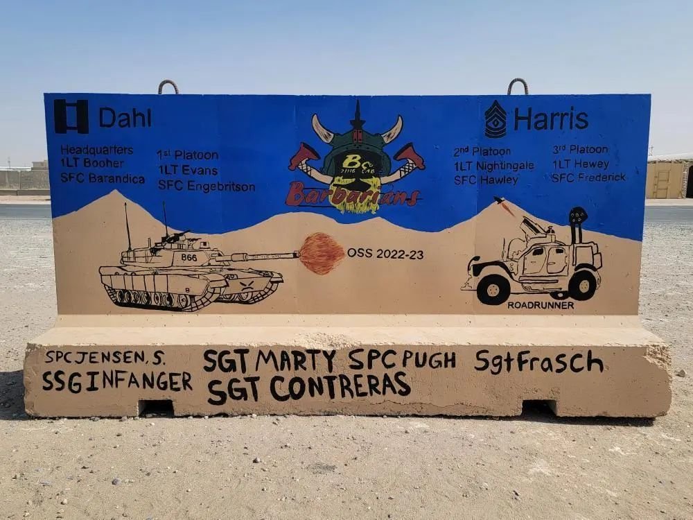 WarMurals's tweet photo. B Company 2-116th CAB 'Barbarians ' TF Rattler lead by 2nd Btln (#CombinedArms), 116th #Cavalry Regiment (#IDARNG). The task force also includes #OHARNG & #SCARNG units.
Camp Buehring, #Kuwait 2023
Photo/artist @ jensen2017.19 on IG
#idarng #oharng #soldierart #usarmyart #army https://t.co/2fSZv9nUAH