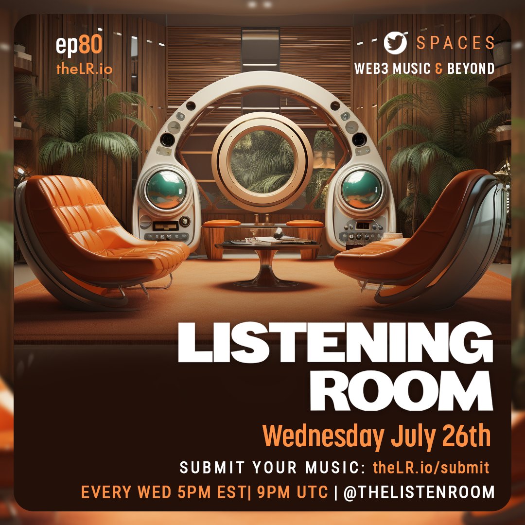 TheListenRoom's tweet photo. Join us tomorrow for episode 80! 80 consecutive weeks of #web3music, onboarding, creating connections and building community. 

w/ your hosts @rc_1137 | @kydjuse and @dsqise

Set your reminders ⏬
https://t.co/ZbKnrykDzG

#theLR #ListeningRoom https://t.co/CAo6Is7UG3