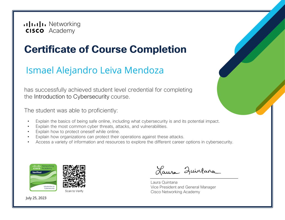 IsmaelL11661369's tweet image. ¡Me alegra compartir que he obtenido un nuevo certificado: #IntroductiontoCybersecurity de #Cisco! Vamos con un buen inicio:  🚀🚀🚀