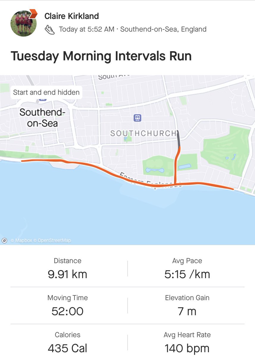 cK_Kirkland's tweet photo. Up and out on this fresh morning - back into a t-shirt as there was a chill in the air π₯Ά repeated an intervals session I have done a few times - pleased with the consistency of pace today ππΌββοΈ #ukrunchat #running #Southend #intervals #effortsession https://t.co/lMjkCv3gWZ
