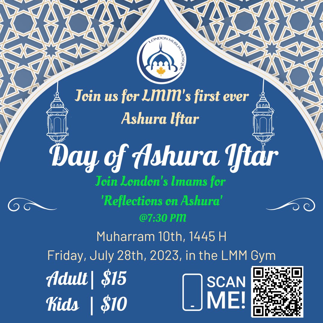 Join a fruitful lecture given by our Imams, introducing the Day of Ashura and the reward of fasting on that day.
📅 Date: Friday, July 28th,  | Muharram 10th, 1445 H
📍  Venue: LMM gym
 🕛 Time: 7:30 PM
londonmosque.ca/event/ashura-i…