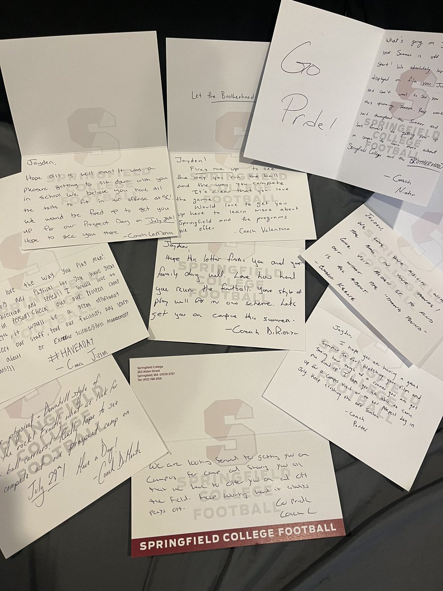 Thank you for the notes <a href="/Coach_DiRienzo/">Lou DiRienzo Jr.</a> <a href="/Coach_LaMarca/">Emil La Marca</a> <a href="/CoachDiMonte/">Vince DiMonte</a> <a href="/Coach_Niehr/">Kyle Niehr</a> <a href="/Coach_Valentino/">Tony Valentino</a> <a href="/Coach_Keene/">Nicolas Keene</a> @Coach_IanPorter <a href="/coach_jipson/">Storm Jipson</a> <a href="/Mike_Cerasuolo/">Mike Cerasuolo</a> <a href="/_SCFootball/">Springfield Football</a> I look
Forward to
Learning more about Springfield College Football.
