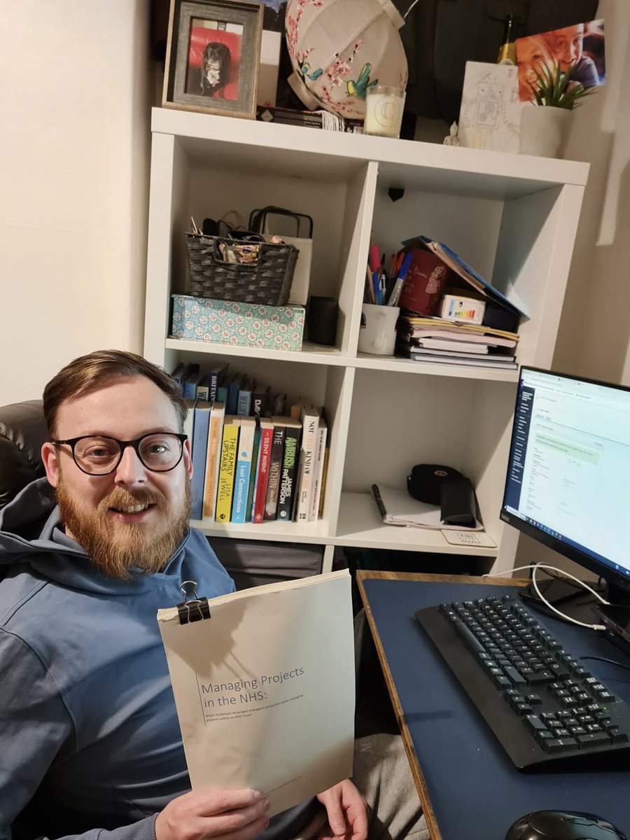 thomas221289's tweet photo. Can’t get a proper dissertation hand in photo with UoC, so this will have to do. 4 years of working full time in the NHS a honeymoon, a small global pandemic, starting a family and getting massive. Here’s to not having to reference again. Not bad for a knacker from Ashington. https://t.co/t0JqNmHp9h