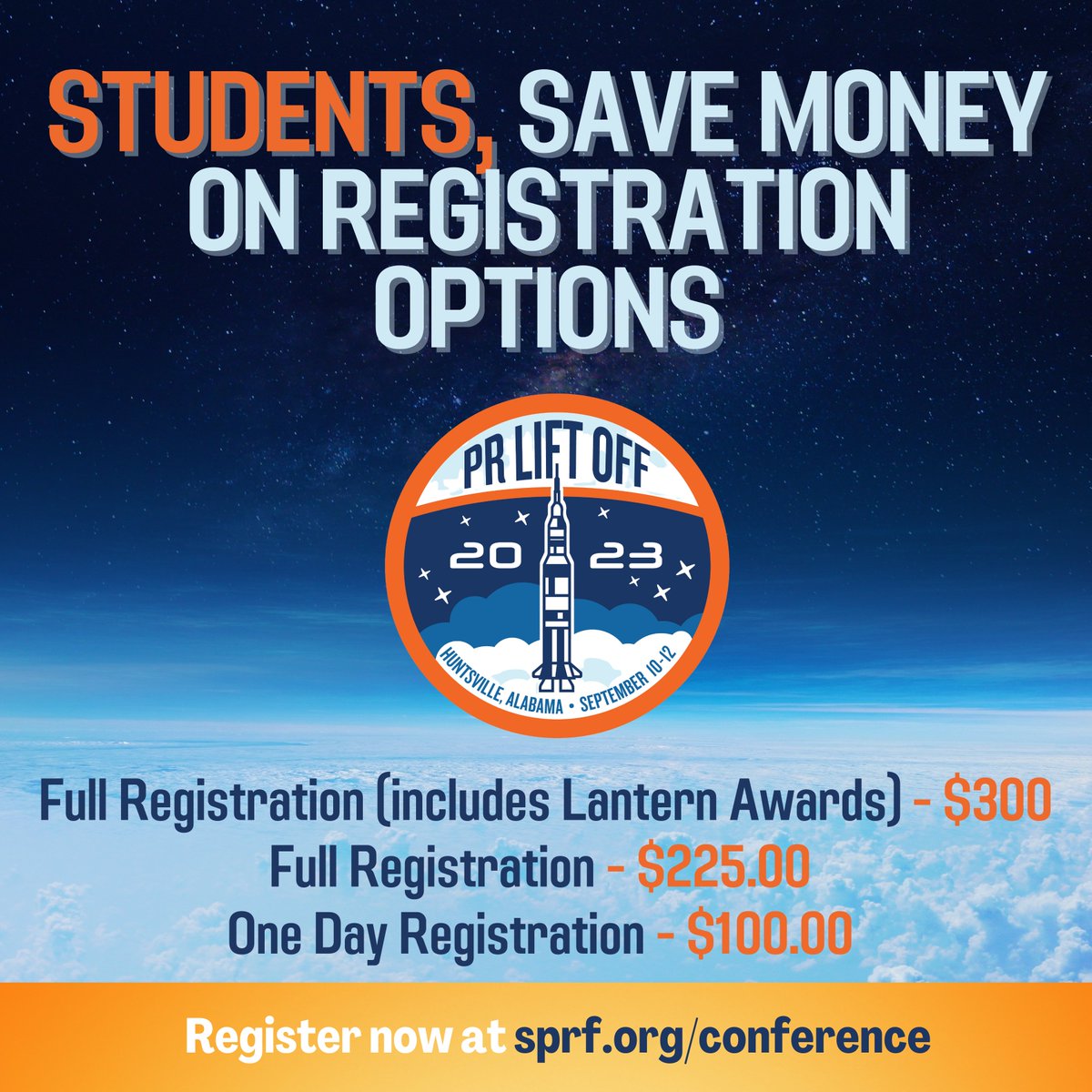 Save💲by registering for PR Lift Off before Aug. 1st!📅

🚀Full-time educators receive a $50 discount on registration. 
🚀Professionals can save $100.
🚀Students: There are three different registration pricing options to choose from.

REGISTER NOW: sprf.org/conference