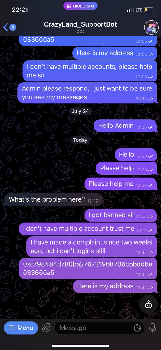 IIsirame's tweet photo. @Crazylandio I got banned from the game for no reasons, I don’t have multiple account, it been two weeks, bot is not replying, what kind of community treat their investors this way https://t.co/0LAp7aGzZT