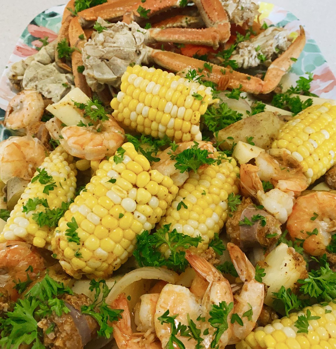 Dinner for five!  Seafood boil with snow crab and prawns, super tasty