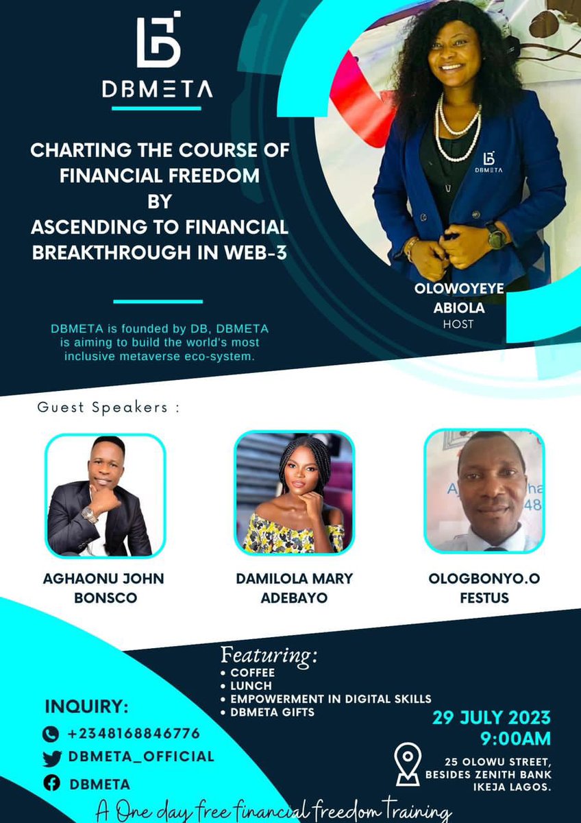 AbiolaM41376147's tweet photo. Web3 Empowerment training for 50people in Lagos .Free Training and free https://t.co/G9ffXYtYOs’s happening live on Saturday by 9:00am at 25,Olowu street Ikeja Lagos..click on the below link to register 
https://t.co/3HtITCwIUF
#CryptoCommunity #dbmeta #Cryptocurency #CryptoNFT https://t.co/2dRcUq1u9w