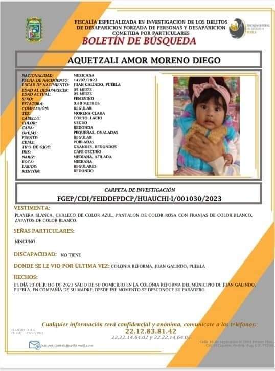 #ServicioSocial 🚨 || Pedimos su apoyo para encontrar a Aquetzali Amor Moreno Diego de 5 meses de edad acompañada de su mamá Luz María Diego Arias de 17 años de edad, vistas por última vez el 23 de julio en Reforma, Juan Galindo, #Puebla. Comunicarse al 2212838142.