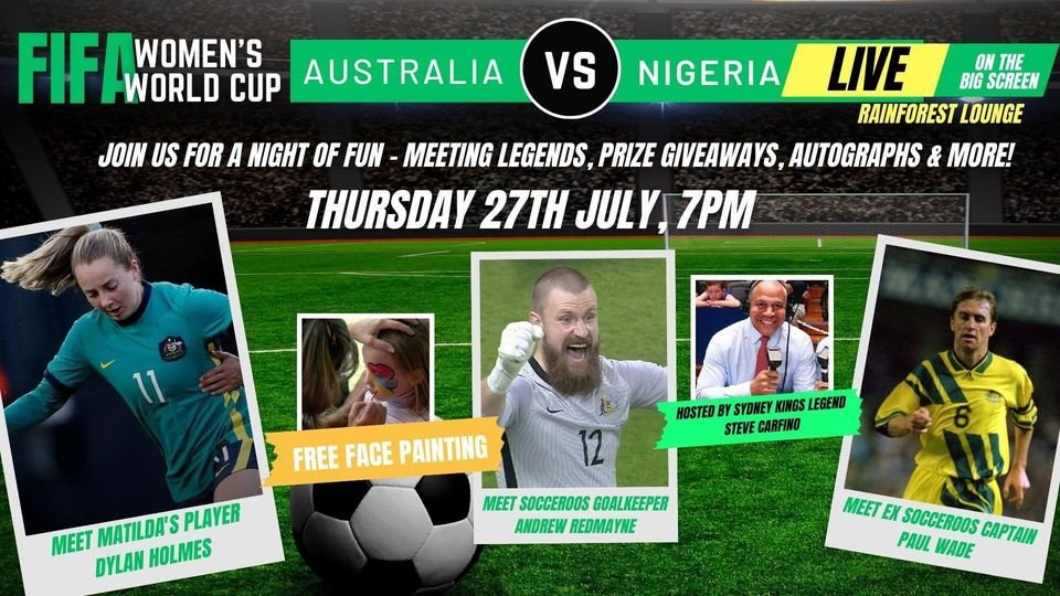 Tillies live screening at Bankstown Sports Club's Rainforest Lounge

Prizes Include:
- Matildas Jersey signed by Dylan Holmes
- Signed Socceroos Jersey
- Signed Soccer ball
- Darrell Lea Gift Hamper
- Bankstown Sports Gift Card Valued at $500
- Basketball Signed by Steve Carfino