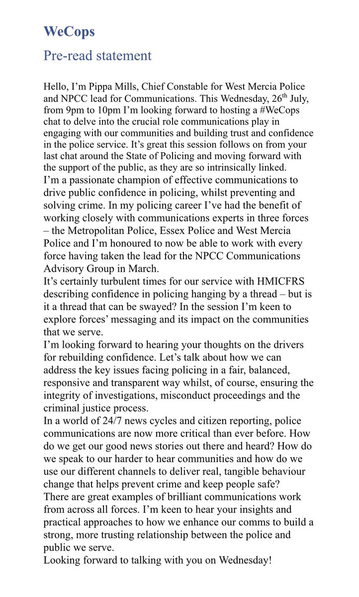 It's @Wecops Wednesday tomorrow at 9pm. Last one before our summer break!
Sadly our websites not playing ball this week so our pre-read is below.
Please join @CCPippaMills for a chat on police communications. We think this will be an excellent, timely chat! #WeCops